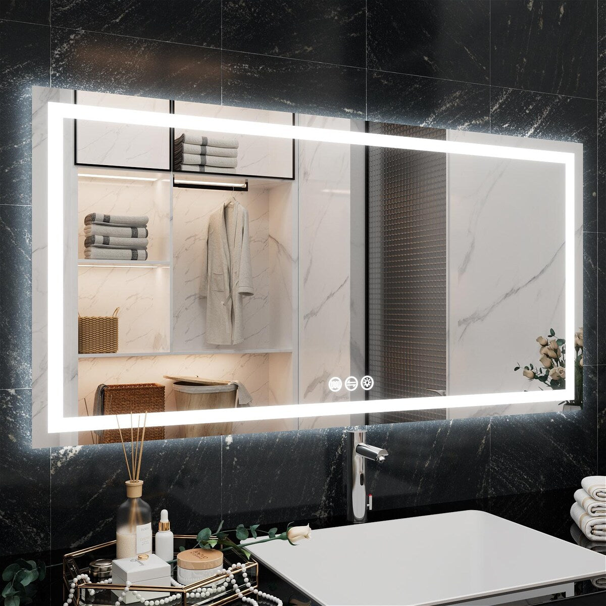 LED Bathroom Vanity Mirror Wall Mounted Anti-Fog Dimmable Mirror 3 Colors