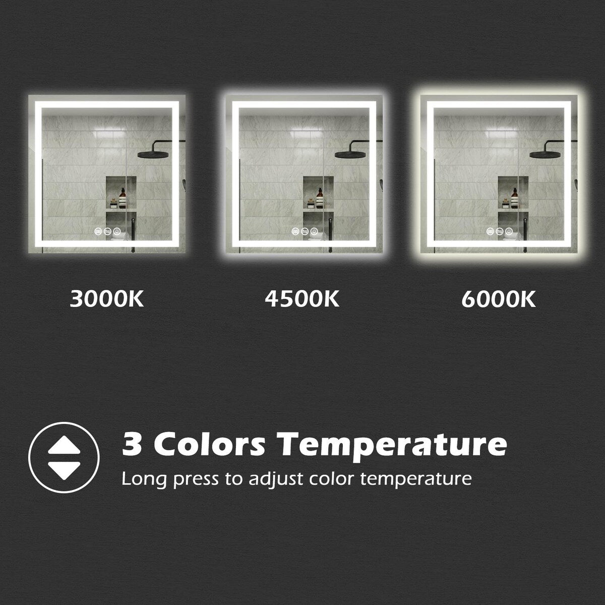 LED Bathroom Vanity Mirror Wall Mounted Anti-Fog Dimmable Mirror 3 Colors