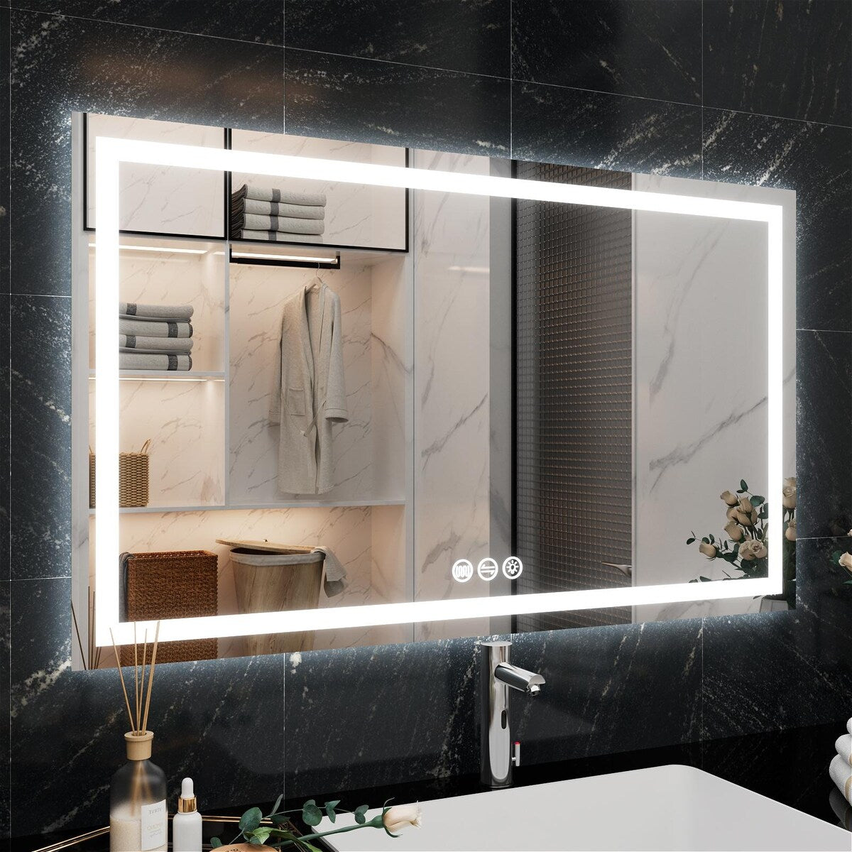 LED Bathroom Vanity Mirror Wall Mounted Anti-Fog Dimmable Mirror 3 Colors