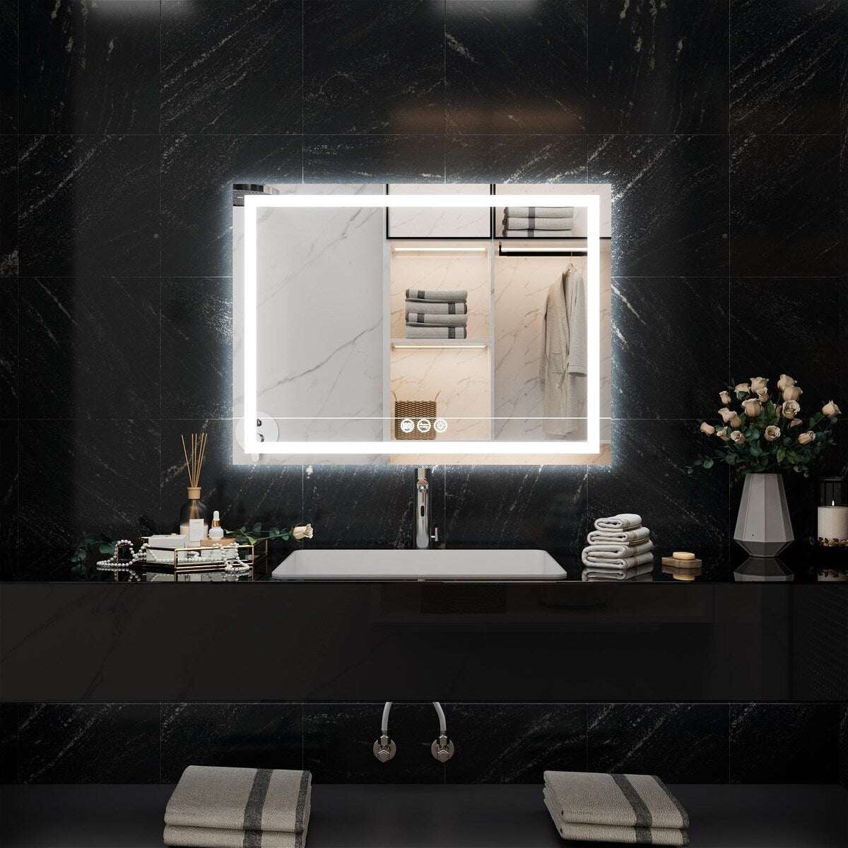 LED Bathroom Vanity Mirror Wall Mounted Anti-Fog Dimmable Mirror 3 Colors