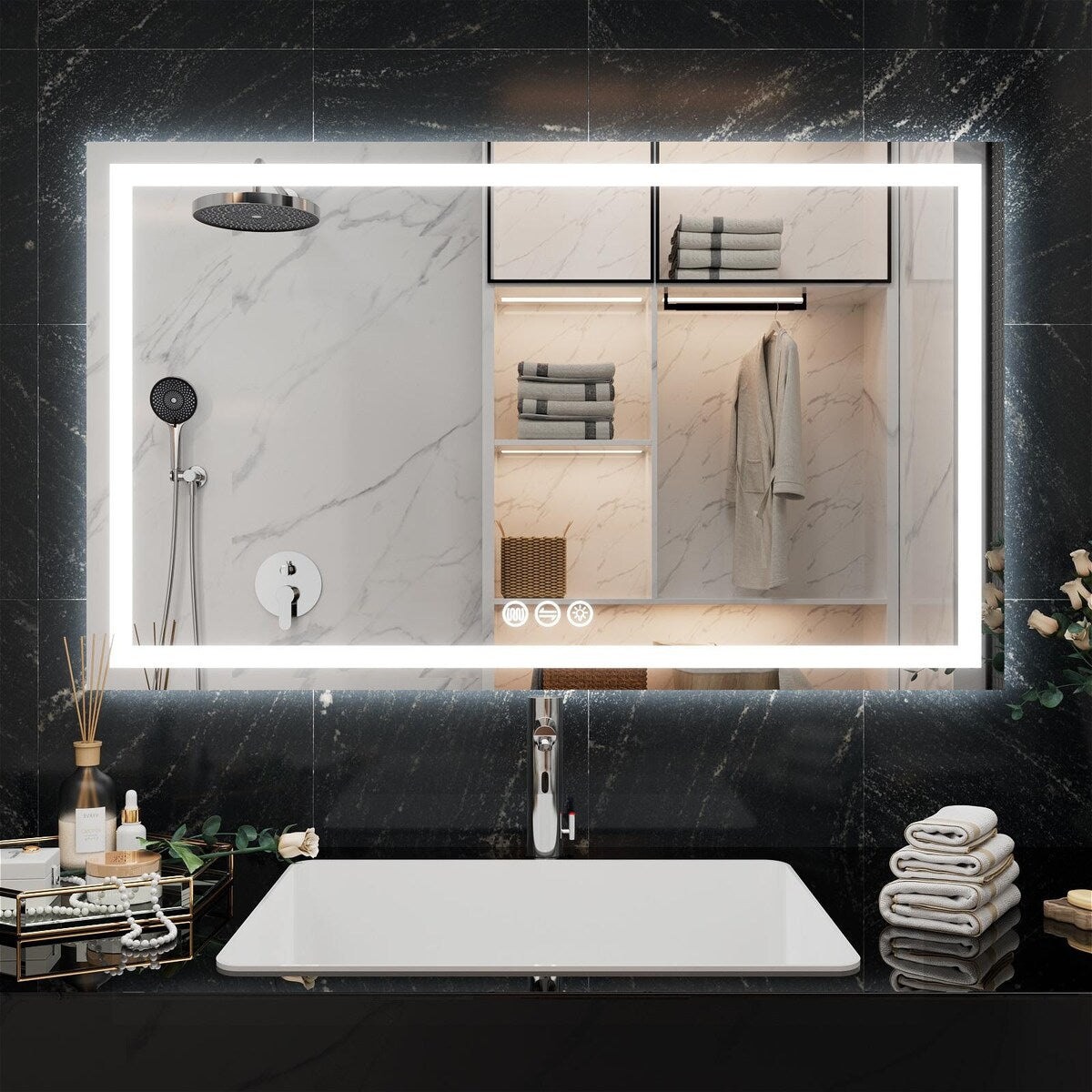 LED Bathroom Vanity Mirror Wall Mounted Anti-Fog Dimmable Mirror 3 Colors