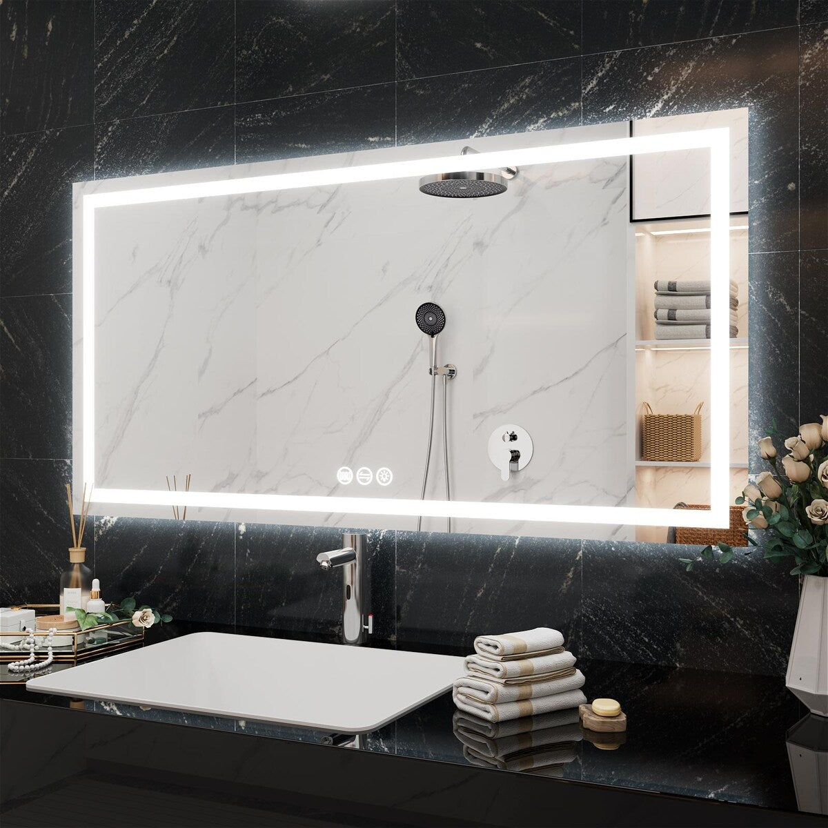 LED Bathroom Vanity Mirror Wall Mounted Anti-Fog Dimmable Mirror 3 Colors