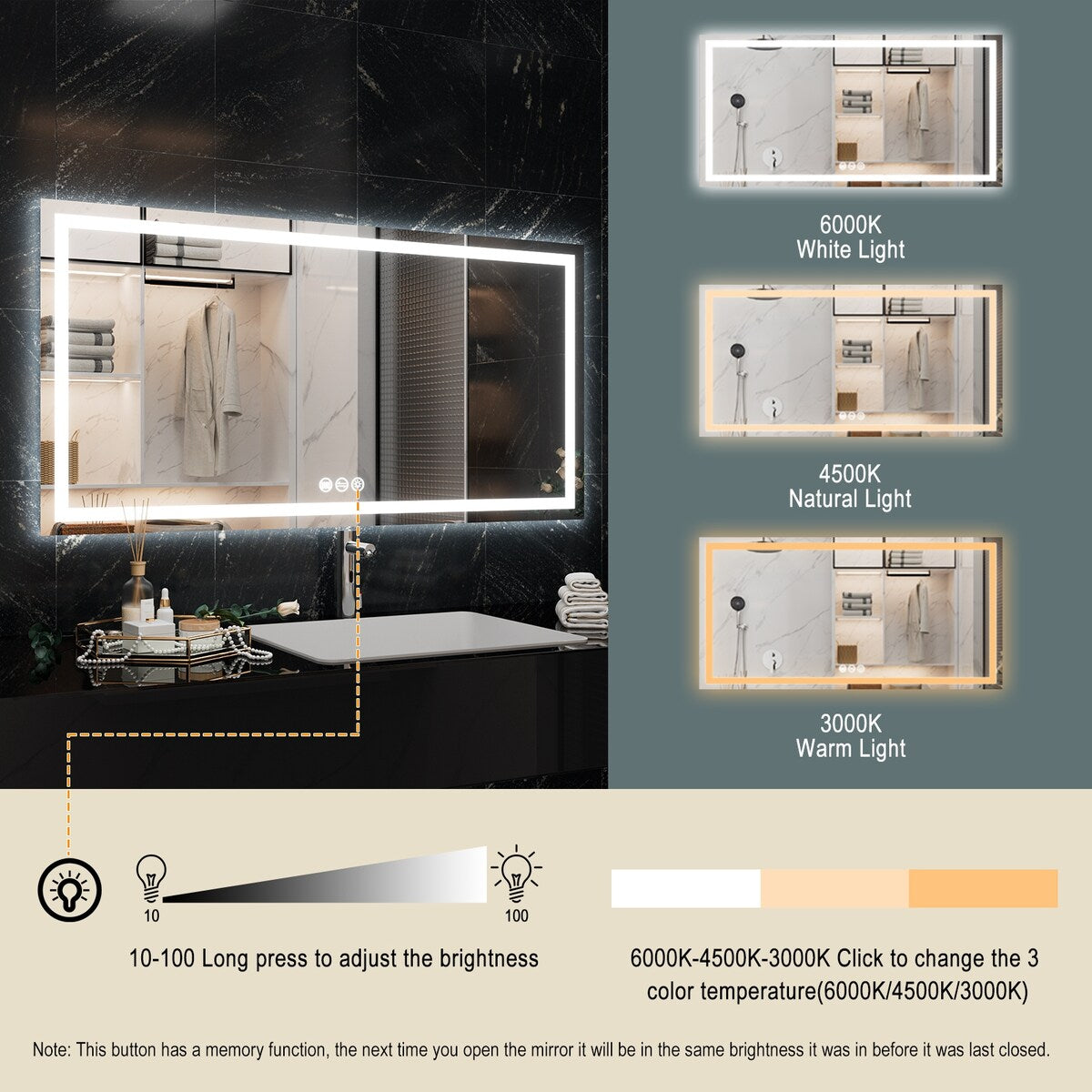 LED Bathroom Vanity Mirror Wall Mounted Anti-Fog Dimmable Mirror 3 Colors