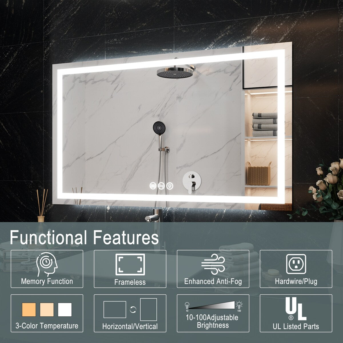 LED Bathroom Vanity Mirror Wall Mounted Anti-Fog Dimmable Mirror 3 Colors