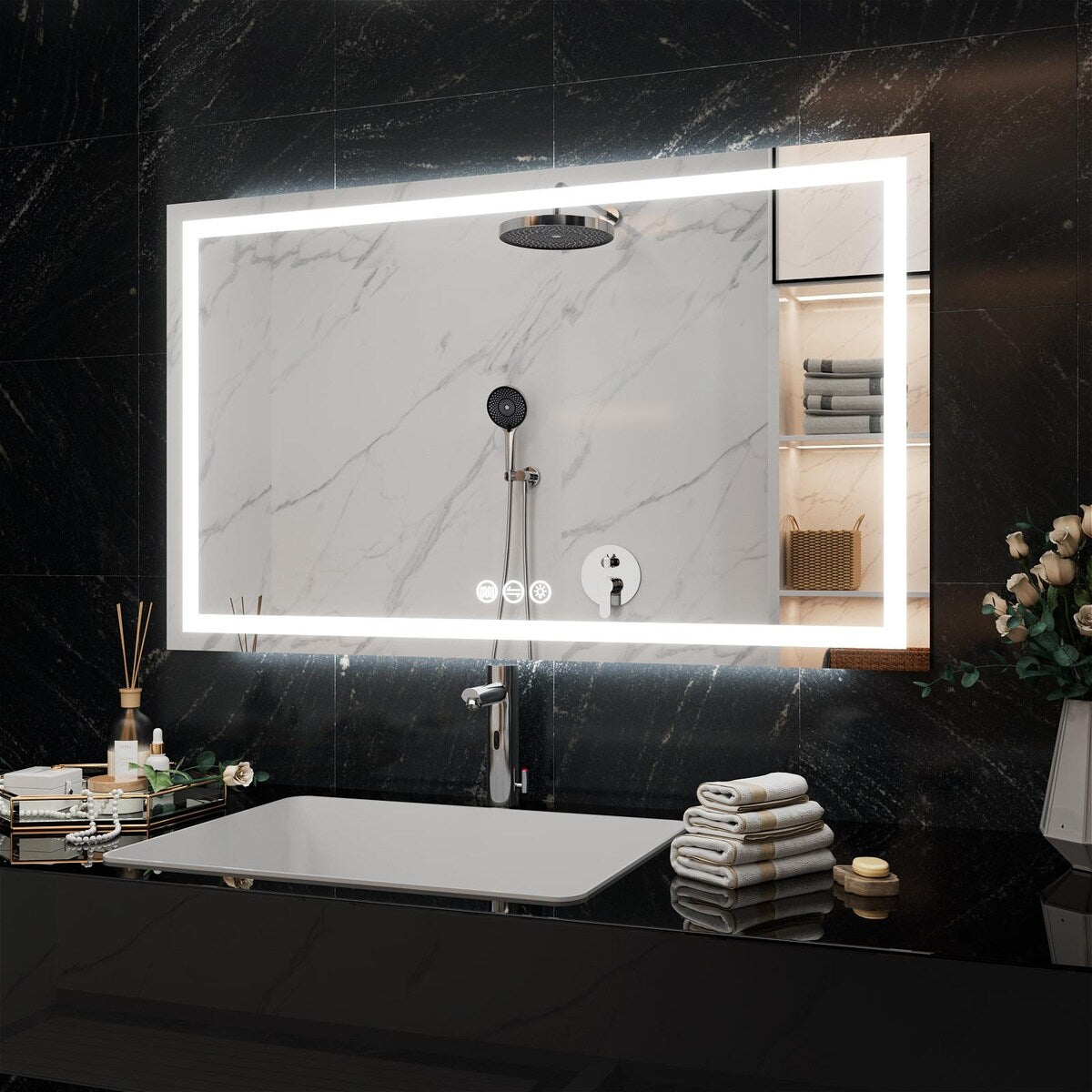 LED Bathroom Vanity Mirror Wall Mounted Anti-Fog Dimmable Mirror 3 Colors