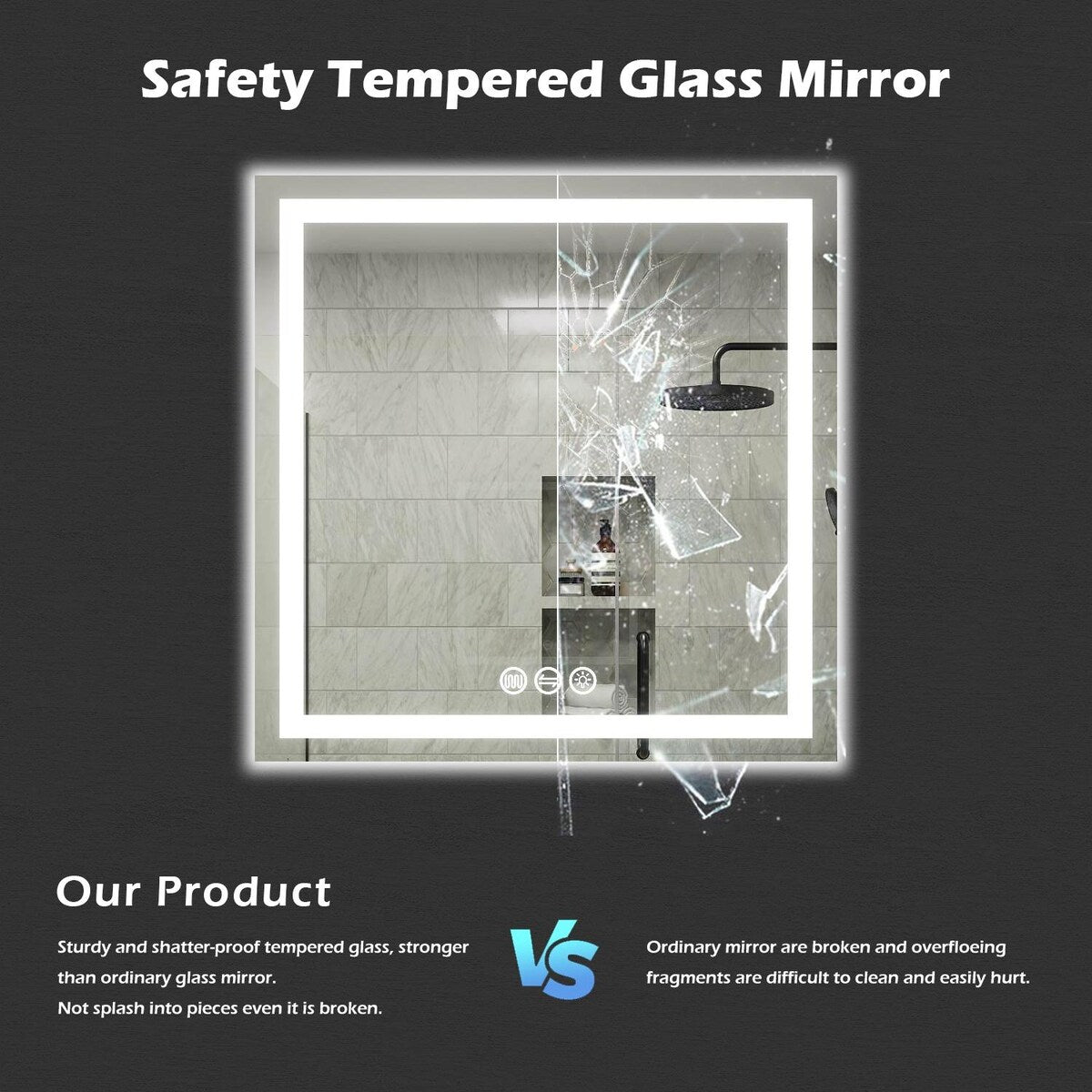LED Bathroom Vanity Mirror Wall Mounted Anti-Fog Dimmable Mirror 3 Colors
