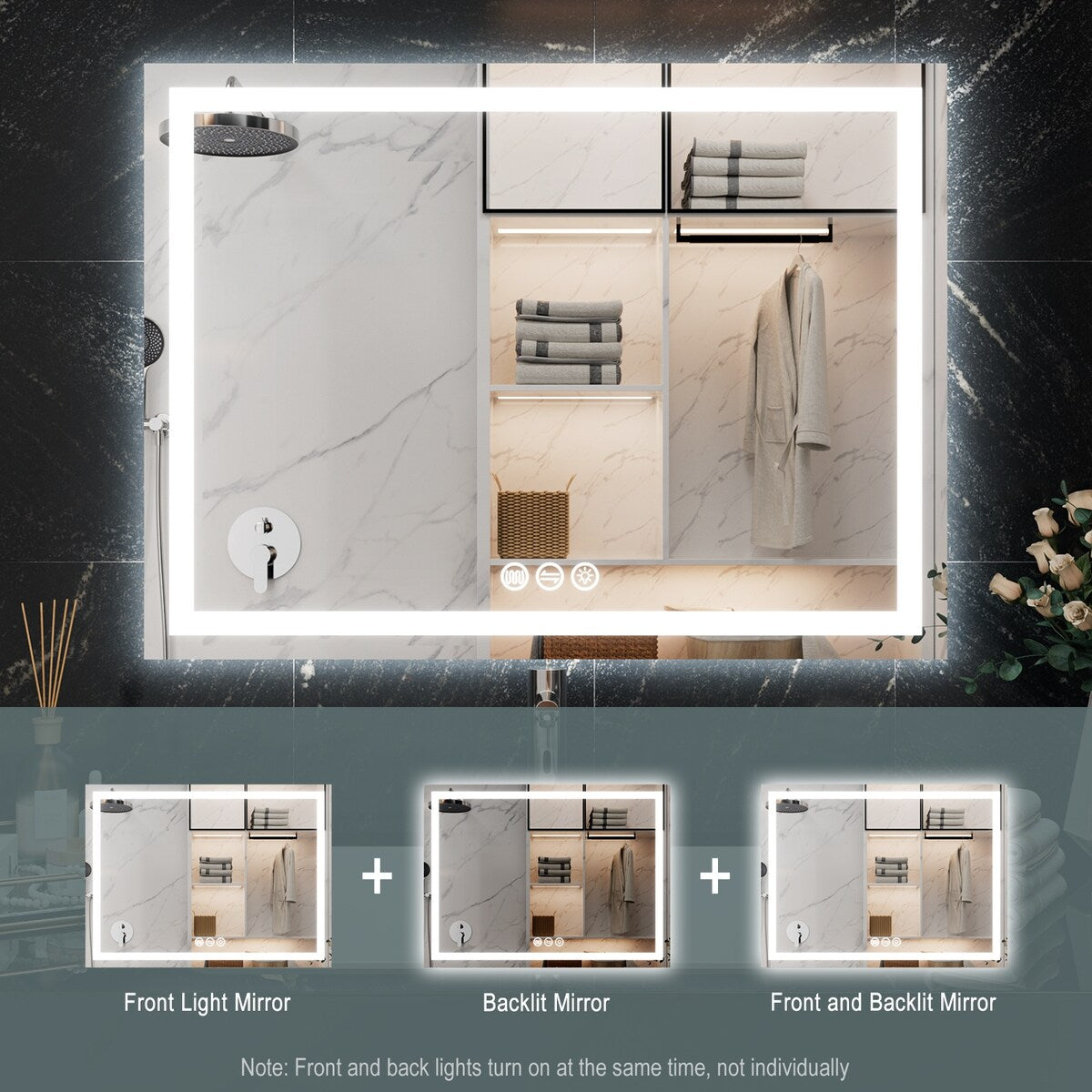 LED Bathroom Vanity Mirror Wall Mounted Anti-Fog Dimmable Mirror 3 Colors