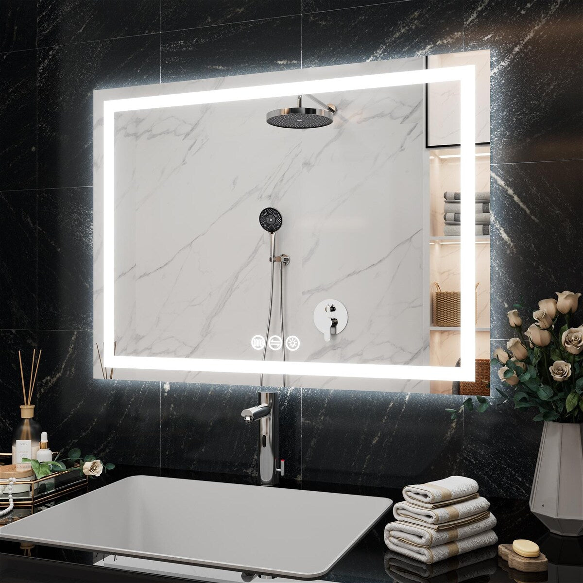 LED Bathroom Vanity Mirror Wall Mounted Anti-Fog Dimmable Mirror 3 Colors