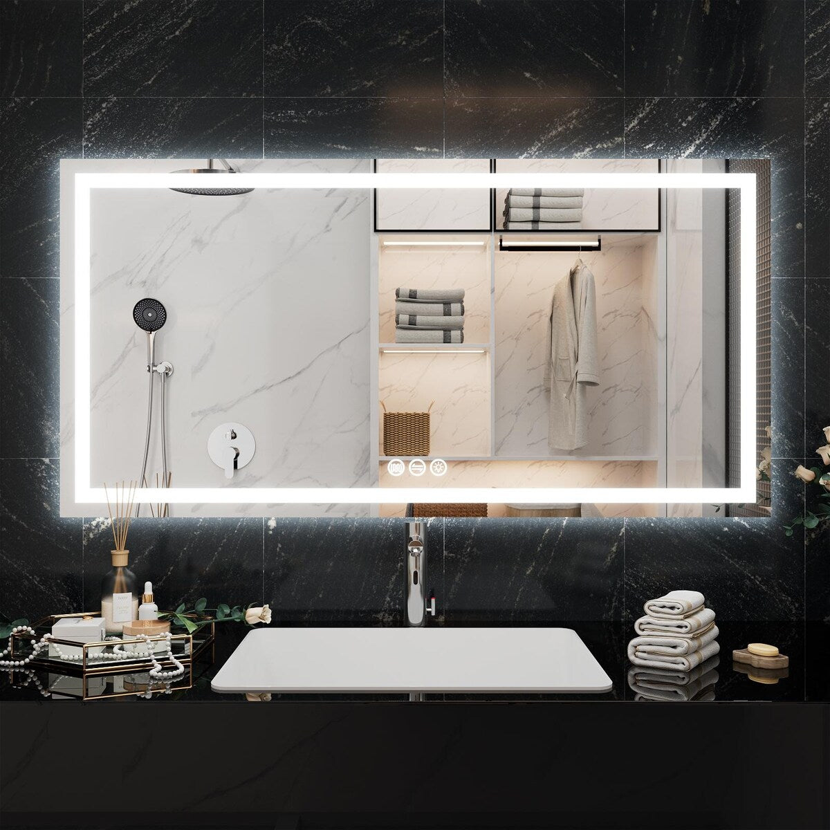 LED Bathroom Vanity Mirror Wall Mounted Anti-Fog Dimmable Mirror 3 Colors
