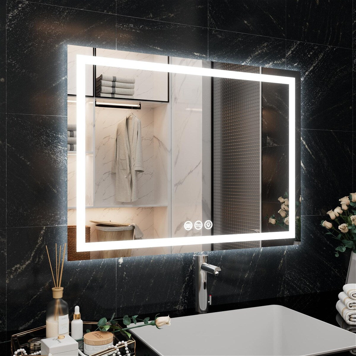 LED Bathroom Vanity Mirror Wall Mounted Anti-Fog Dimmable Mirror 3 Colors