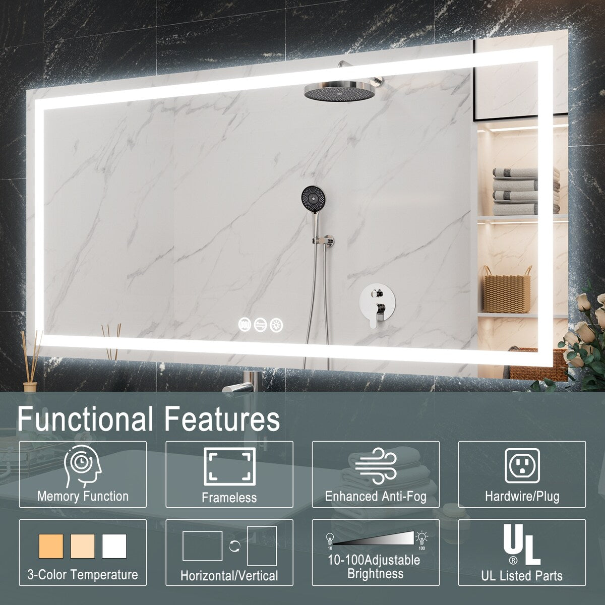 LED Bathroom Vanity Mirror Wall Mounted Anti-Fog Dimmable Mirror 3 Colors