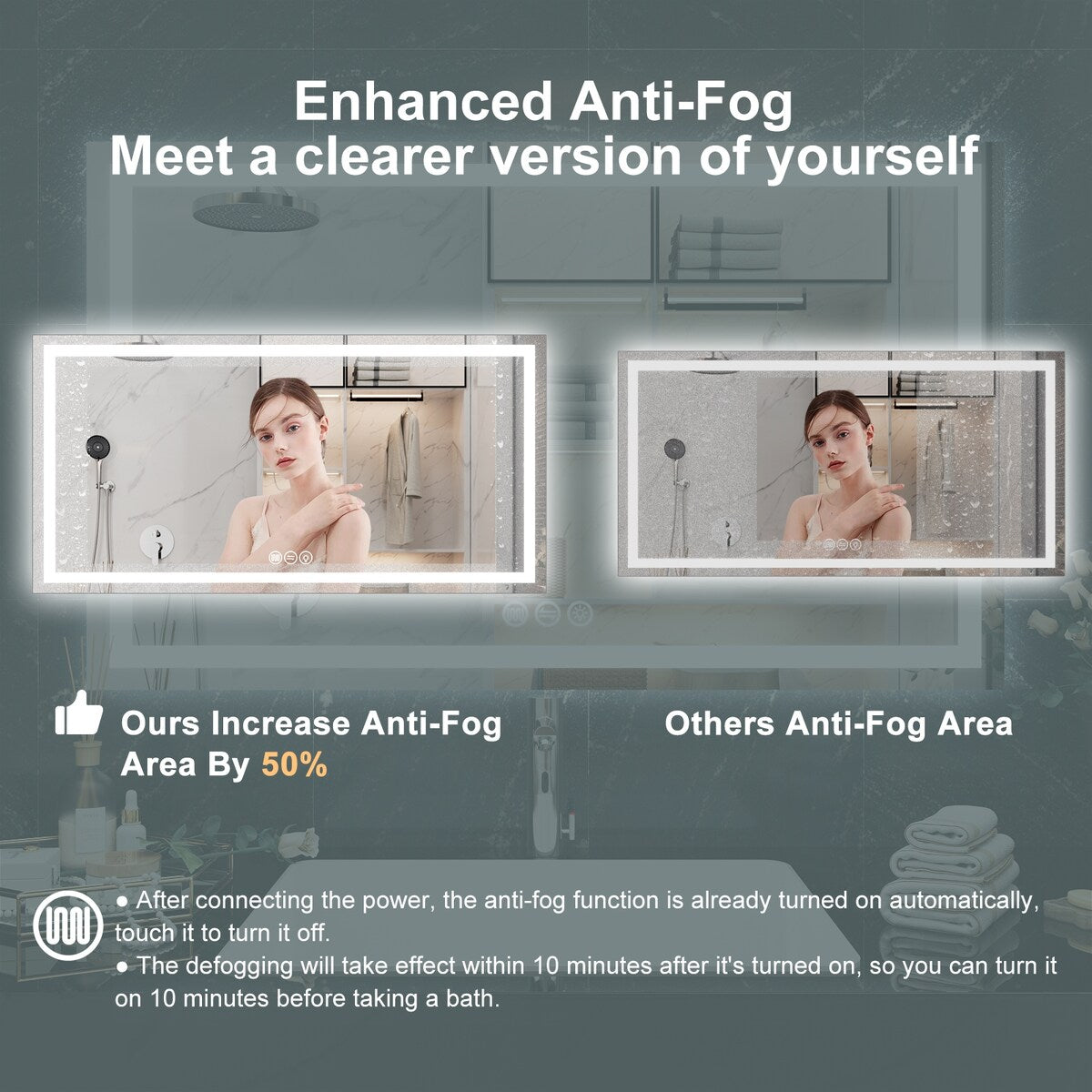 LED Bathroom Vanity Mirror Wall Mounted Anti-Fog Dimmable Mirror 3 Colors