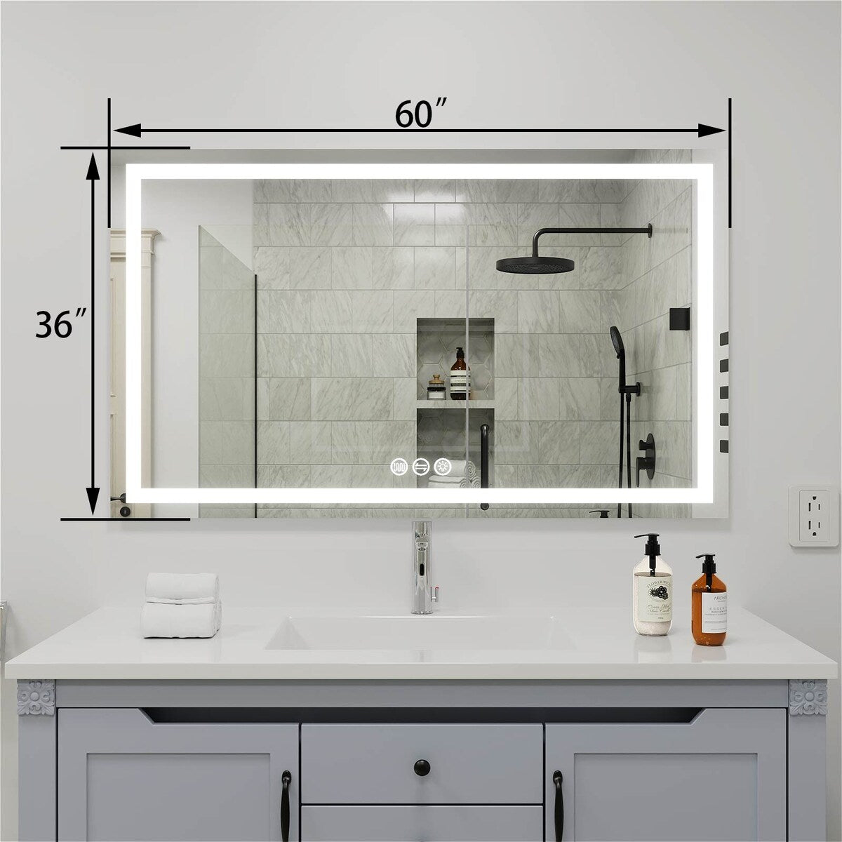 LED Bathroom Vanity Mirror Wall Mounted Anti-Fog Dimmable Mirror 3 Colors