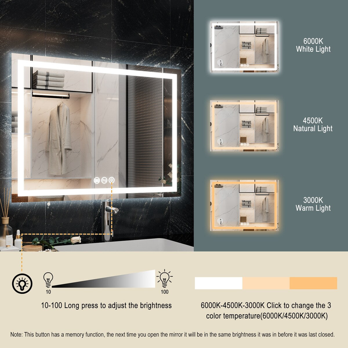 LED Bathroom Vanity Mirror Wall Mounted Anti-Fog Dimmable Mirror 3 Colors