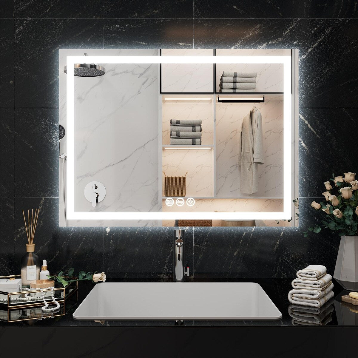 LED Bathroom Vanity Mirror Wall Mounted Anti-Fog Dimmable Mirror 3 Colors