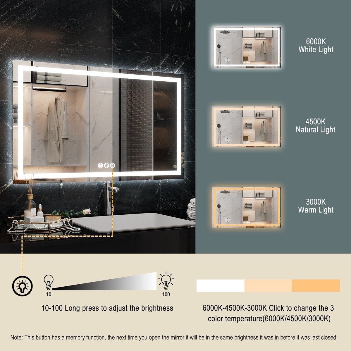 LED Bathroom Vanity Mirror Wall Mounted Anti-Fog Dimmable Mirror 3 Colors