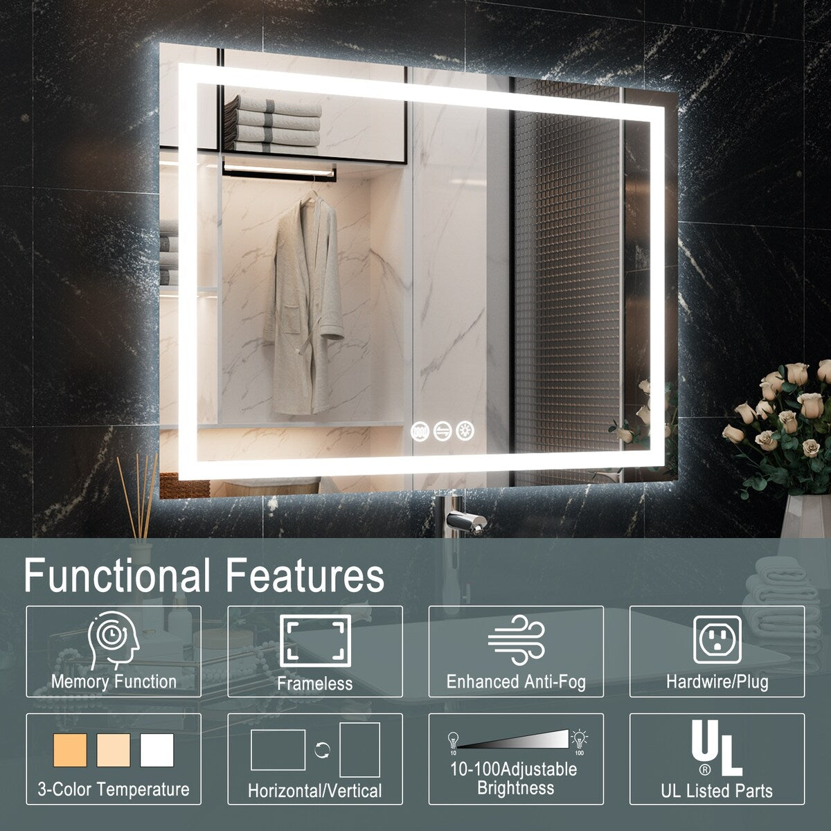 LED Bathroom Vanity Mirror Wall Mounted Anti-Fog Dimmable Mirror 3 Colors