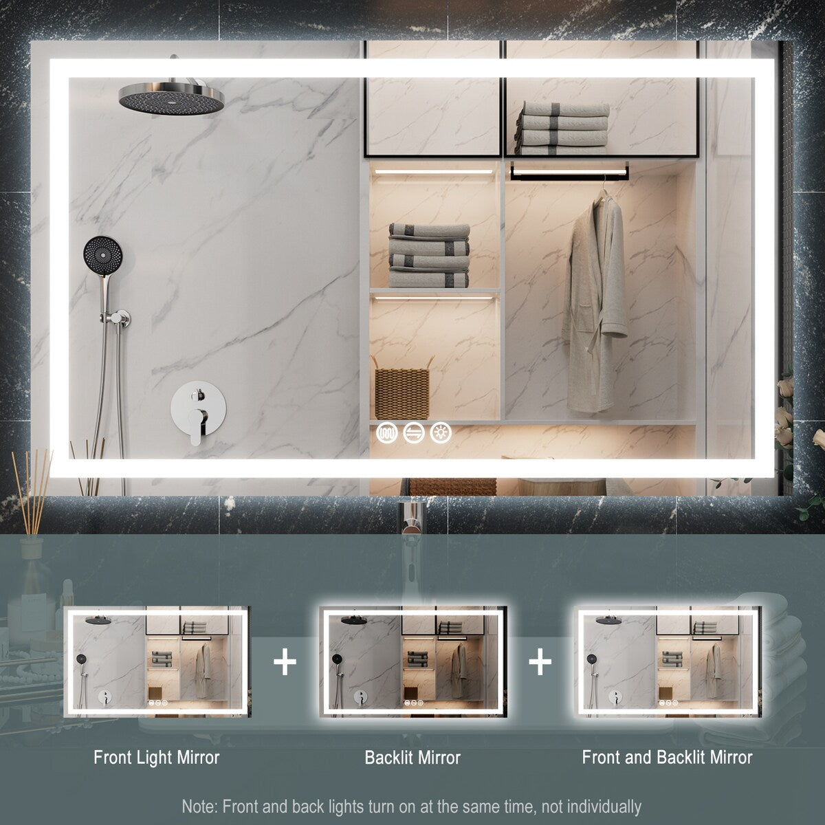 LED Bathroom Vanity Mirror Wall Mounted Anti-Fog Dimmable Mirror 3 Colors