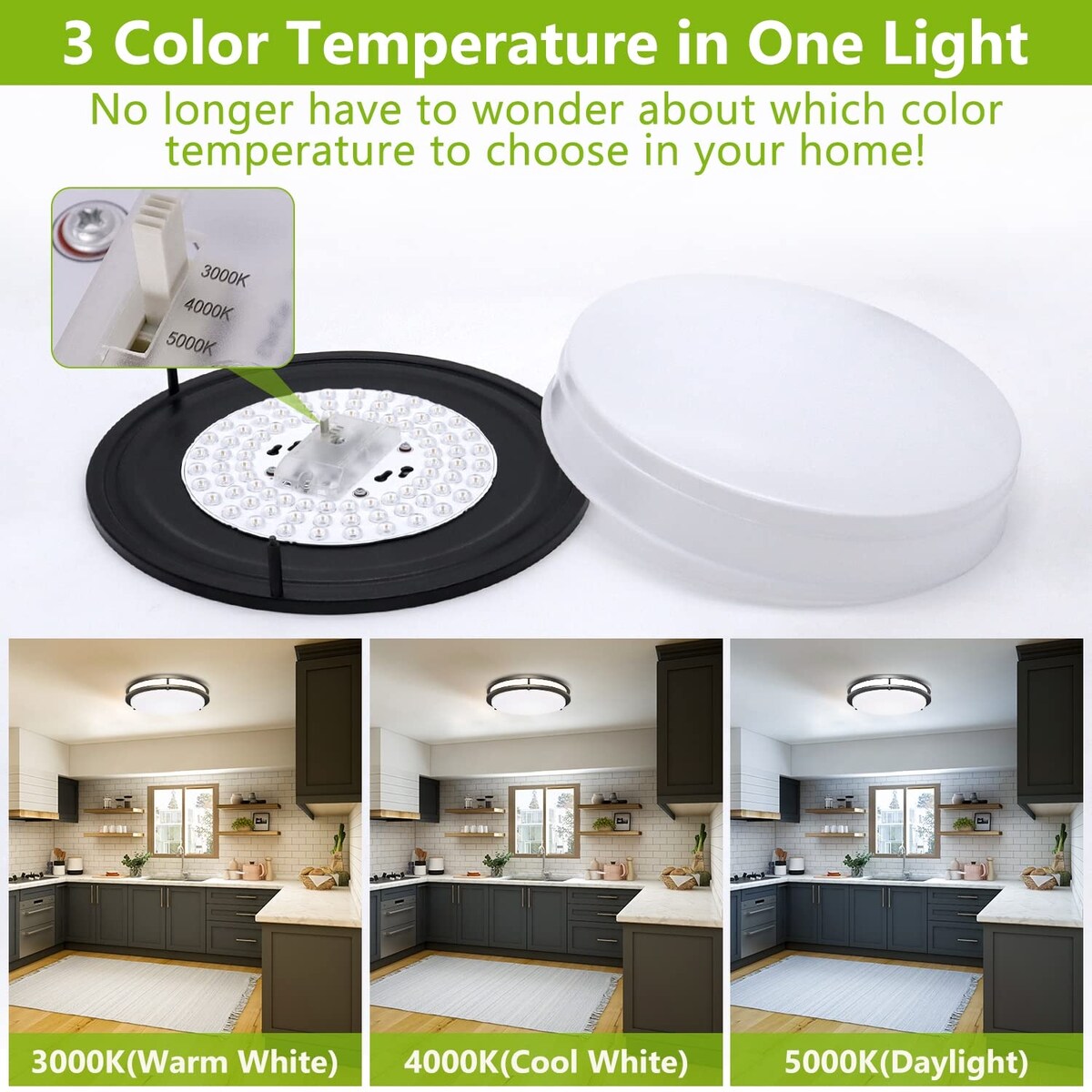 LED Flush Mount Ceiling Light, 13 inch Ceiling Light Fixture 30W 3000Lm, 3000K/4000K/5000K Dimmable Black Ceiling Light