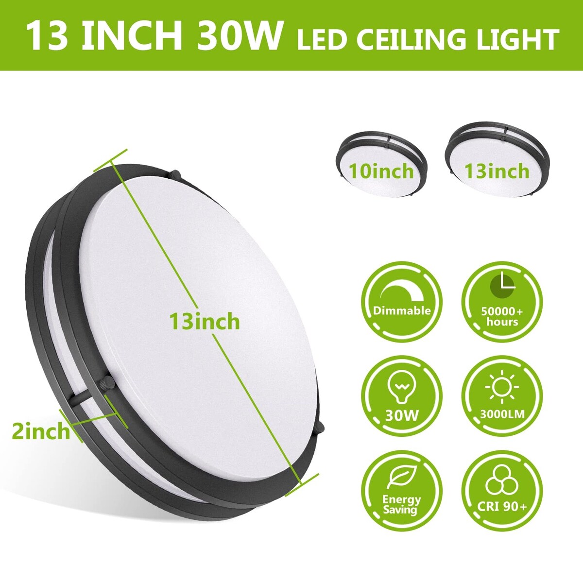 LED Flush Mount Ceiling Light, 13 inch Ceiling Light Fixture 30W 3000Lm, 3000K/4000K/5000K Dimmable Black Ceiling Light