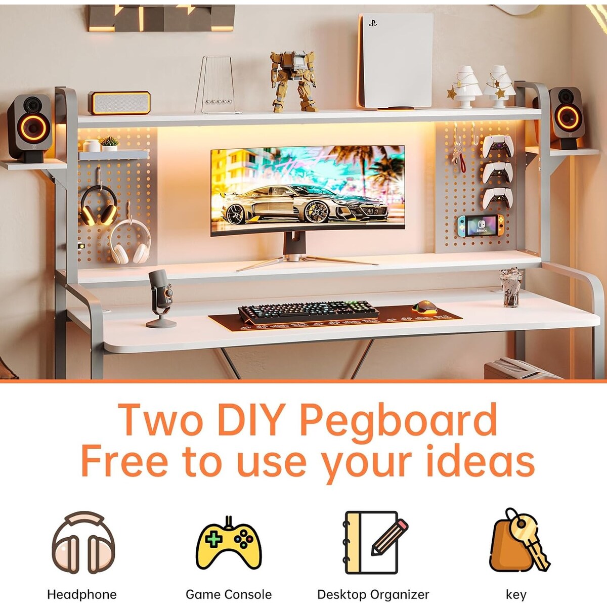 LED Gaming Desk 55" Computer Desk with Hutch and Shelves Pegboard