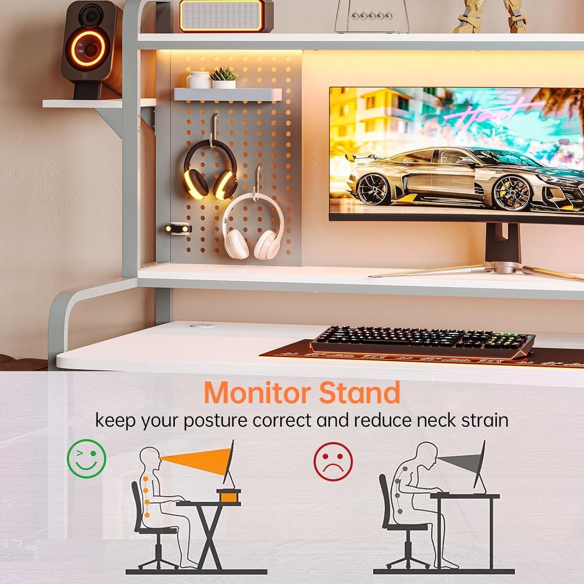 LED Gaming Desk 55" Computer Desk with Hutch and Shelves Pegboard