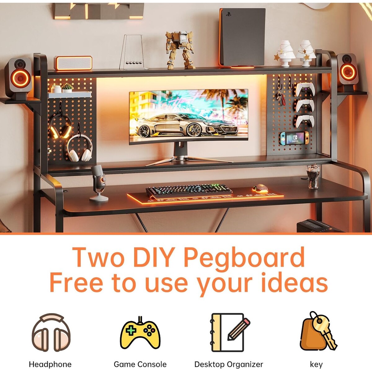 LED Gaming Desk 55" Computer Desk with Hutch and Shelves Pegboard