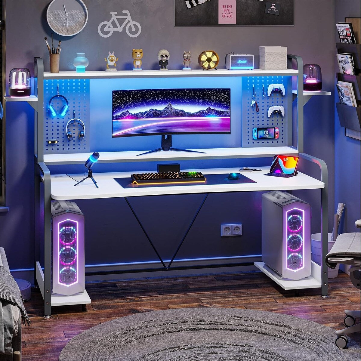 LED Gaming Desk 55" Computer Desk with Hutch and Shelves Pegboard