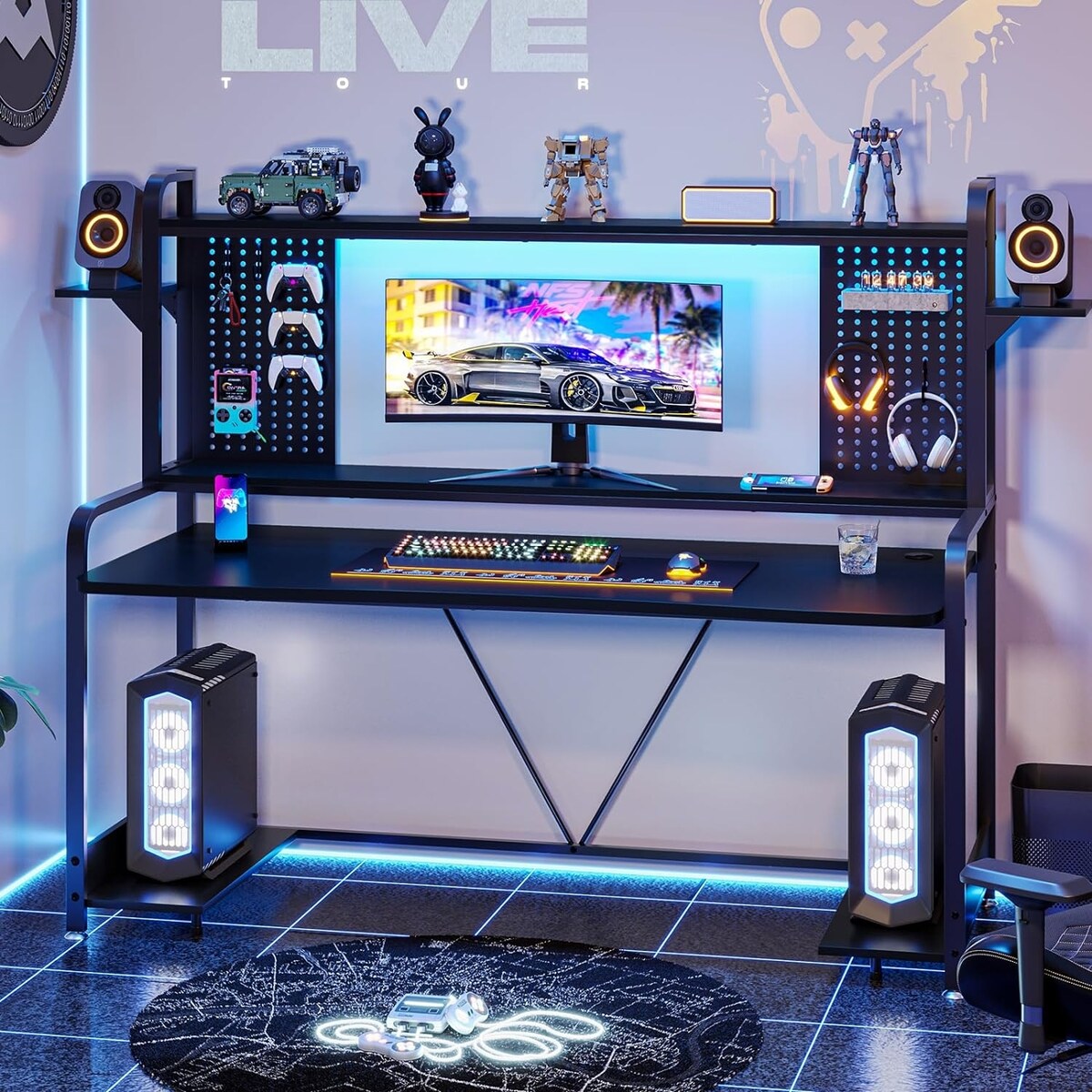 LED Gaming Desk 55" Computer Desk with Hutch and Shelves Pegboard