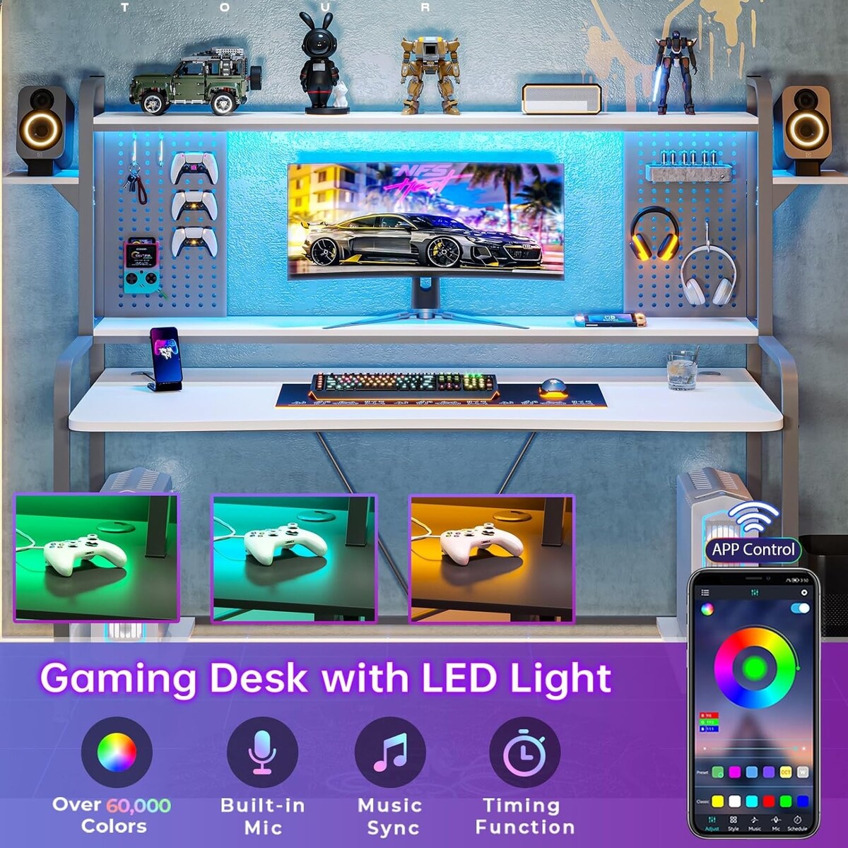 LED Gaming Desk 55" Computer Desk with Hutch and Shelves Pegboard