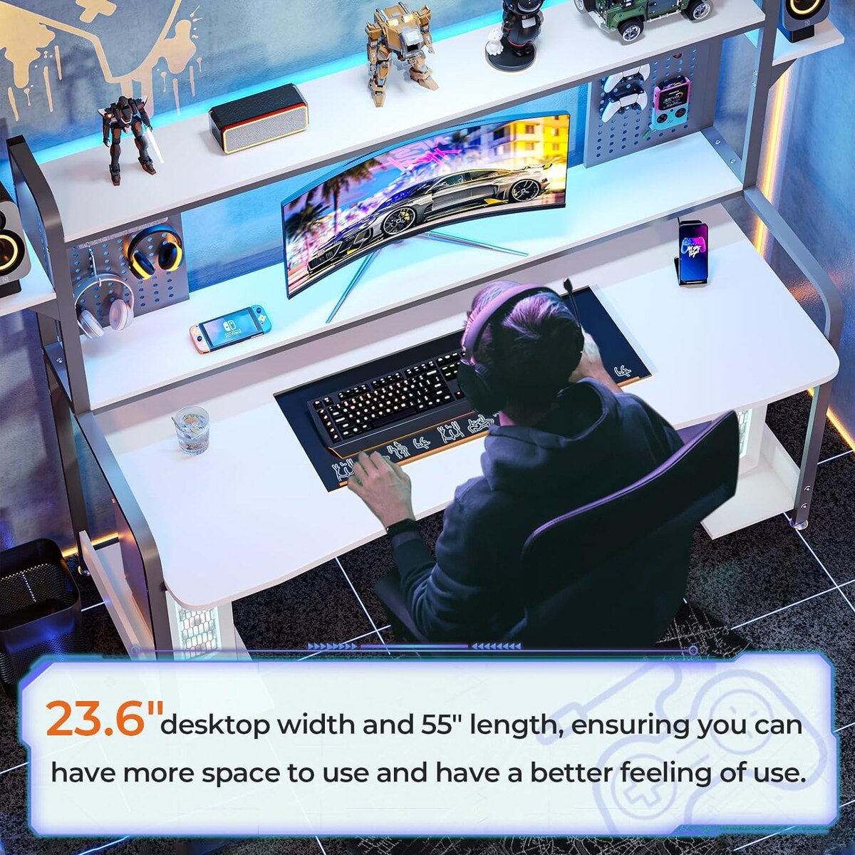 LED Gaming Desk 55" Computer Desk with Hutch and Shelves Pegboard