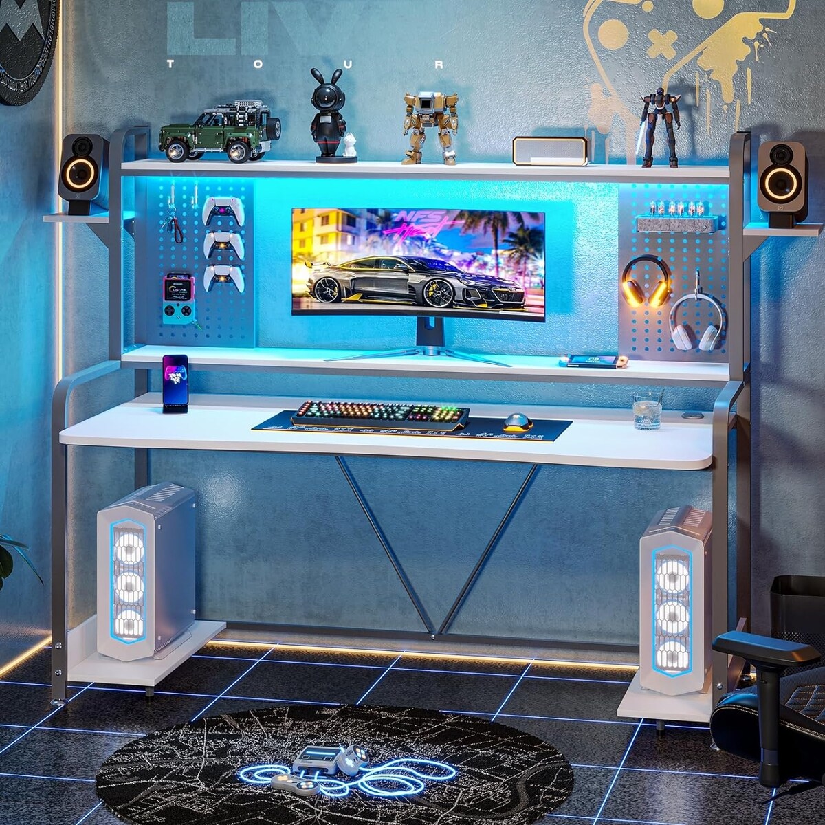 LED Gaming Desk 55" Computer Desk with Hutch and Shelves Pegboard