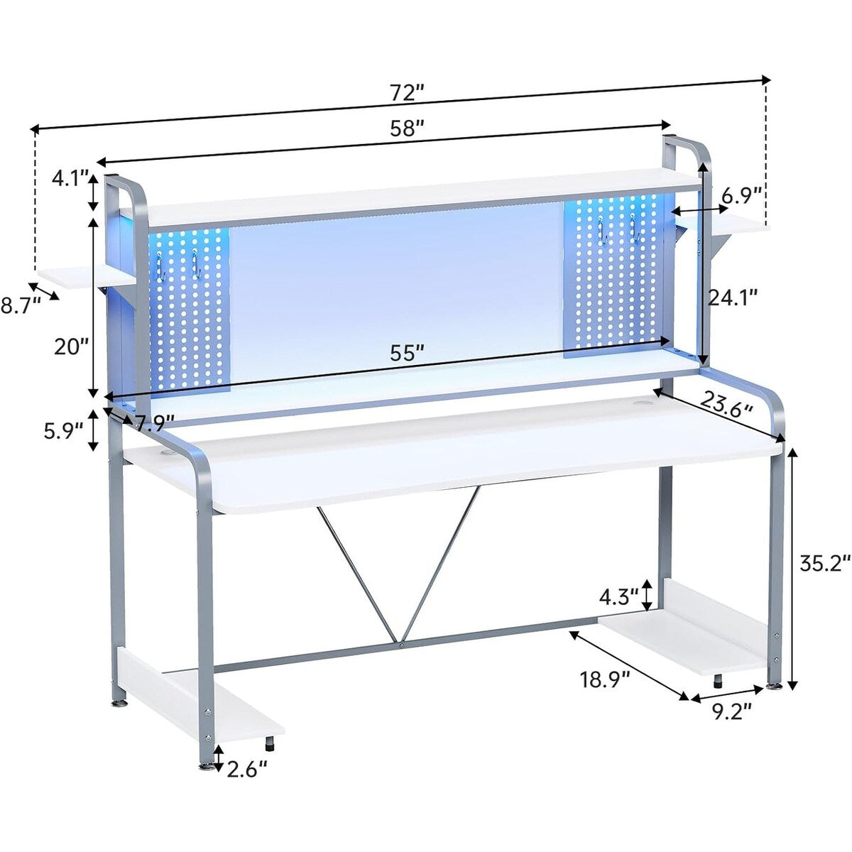 LED Gaming Desk 55" Computer Desk with Hutch and Shelves Pegboard