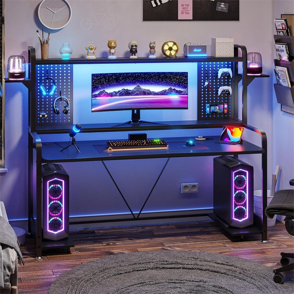 LED Gaming Desk 55" Computer Desk with Hutch and Shelves Pegboard