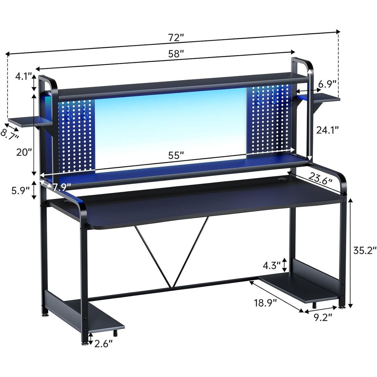 LED Gaming Desk 55" Computer Desk with Hutch and Shelves Pegboard