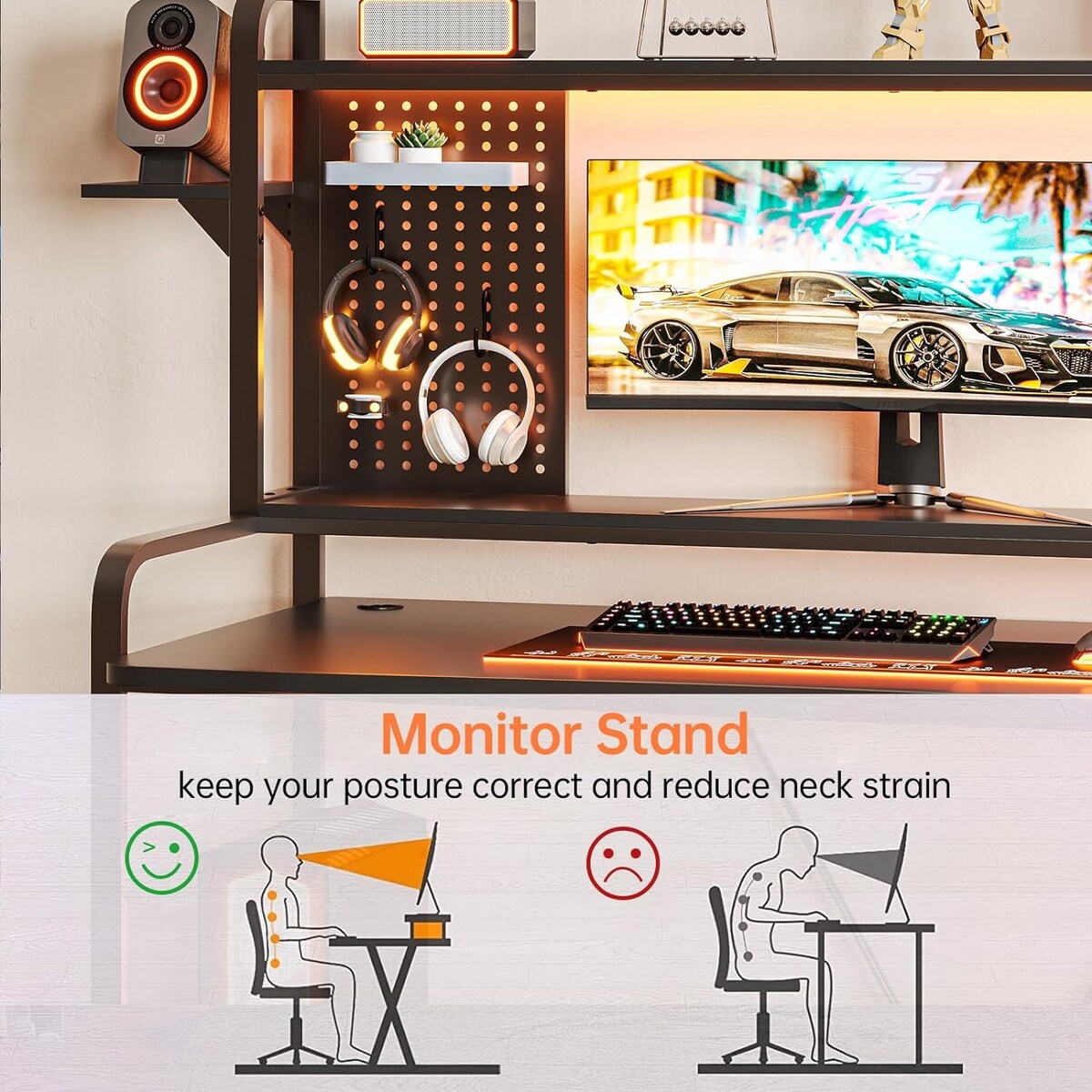 LED Gaming Desk 55" Computer Desk with Hutch and Shelves Pegboard