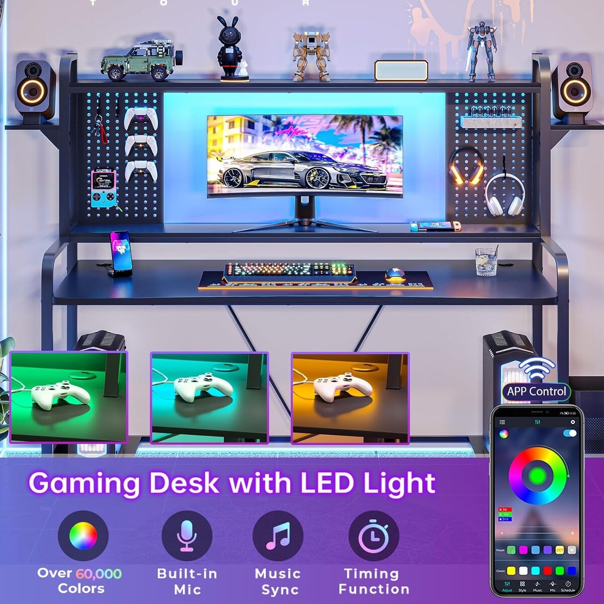 LED Gaming Desk 55" Computer Desk with Hutch and Shelves Pegboard