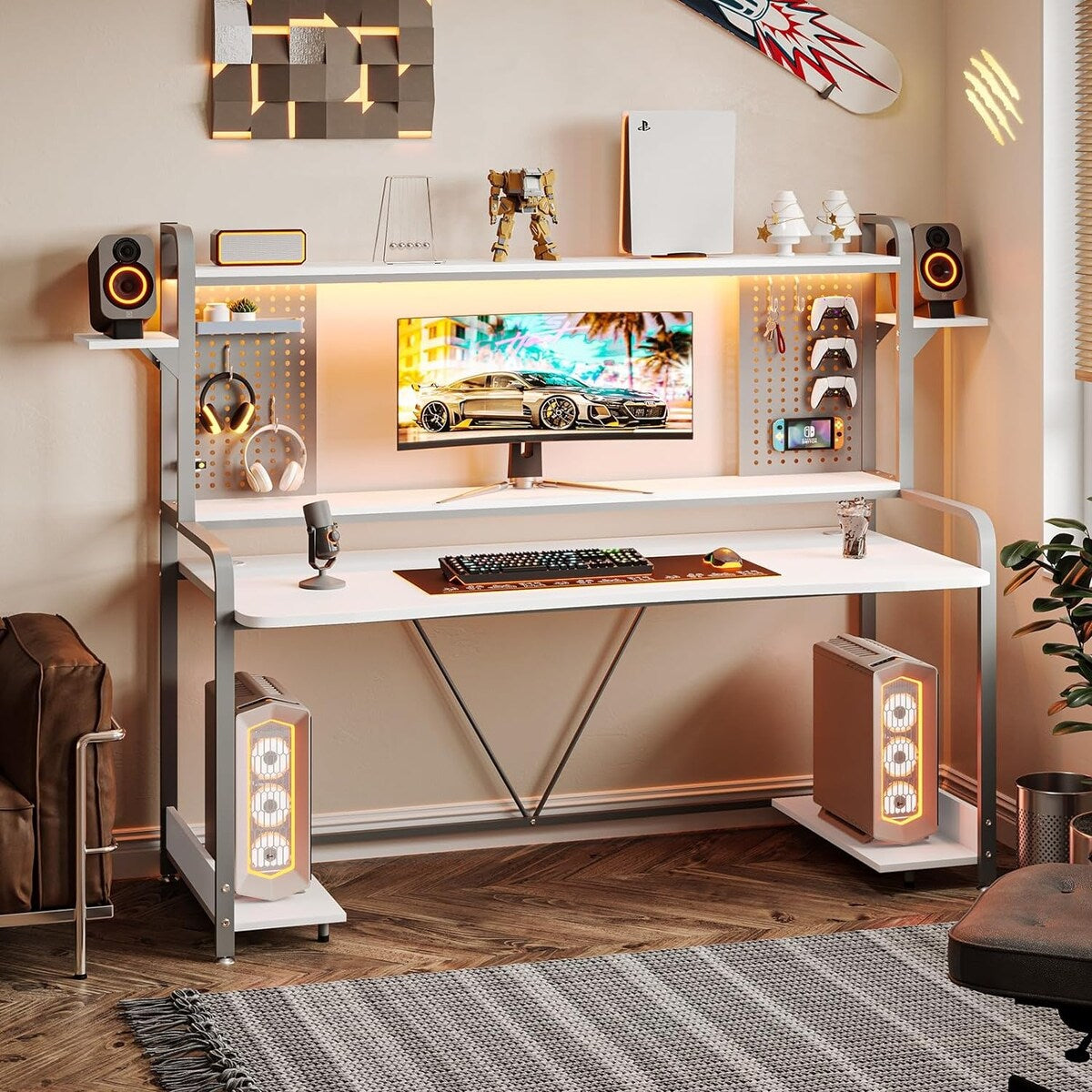 LED Gaming Desk 55" Computer Desk with Hutch and Shelves Pegboard