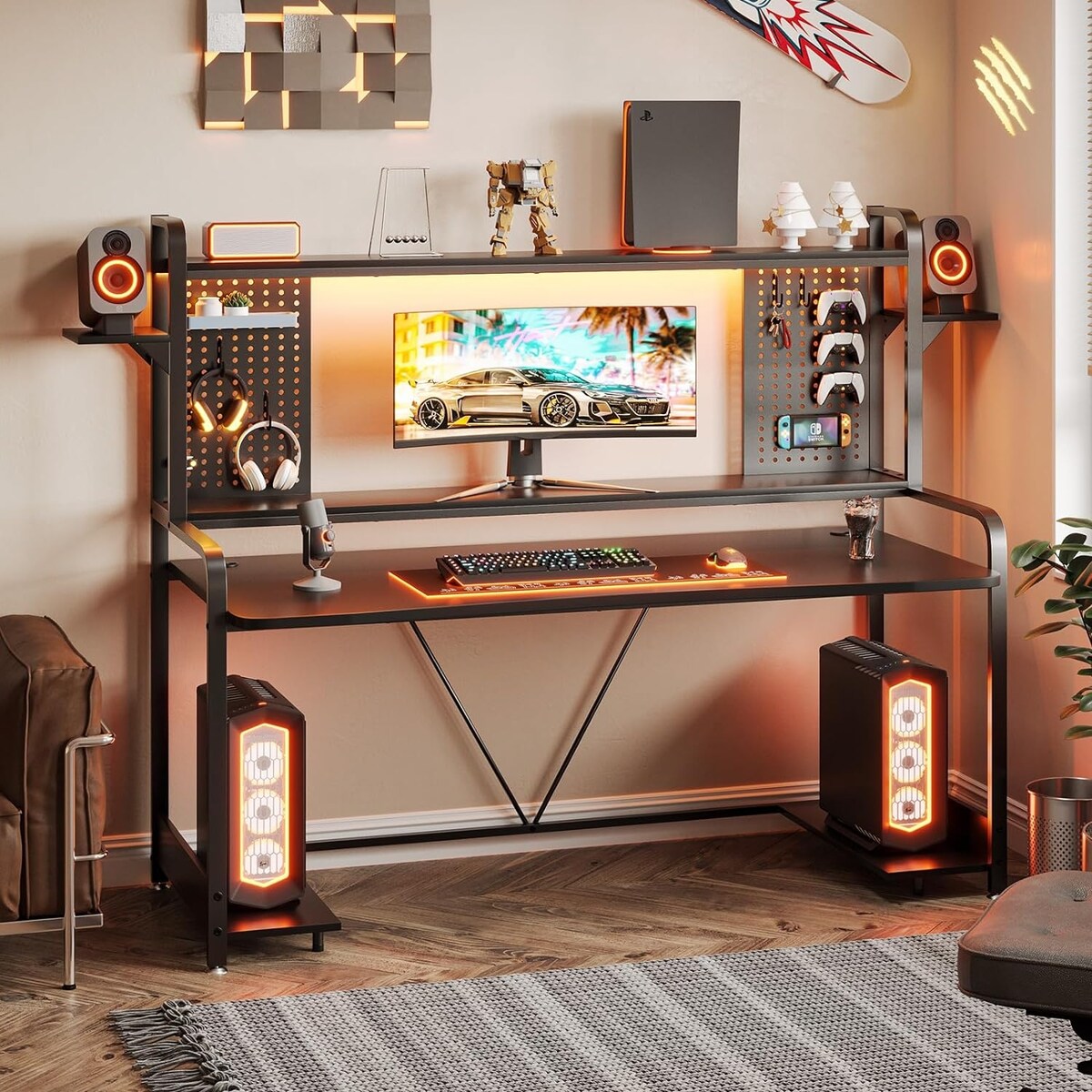 LED Gaming Desk 55" Computer Desk with Hutch and Shelves Pegboard