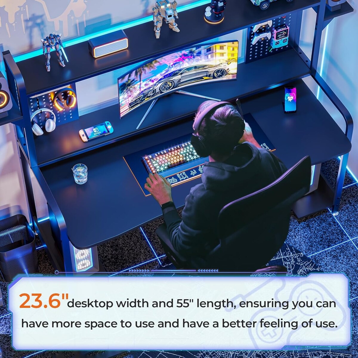 LED Gaming Desk 55" Computer Desk with Hutch and Shelves Pegboard