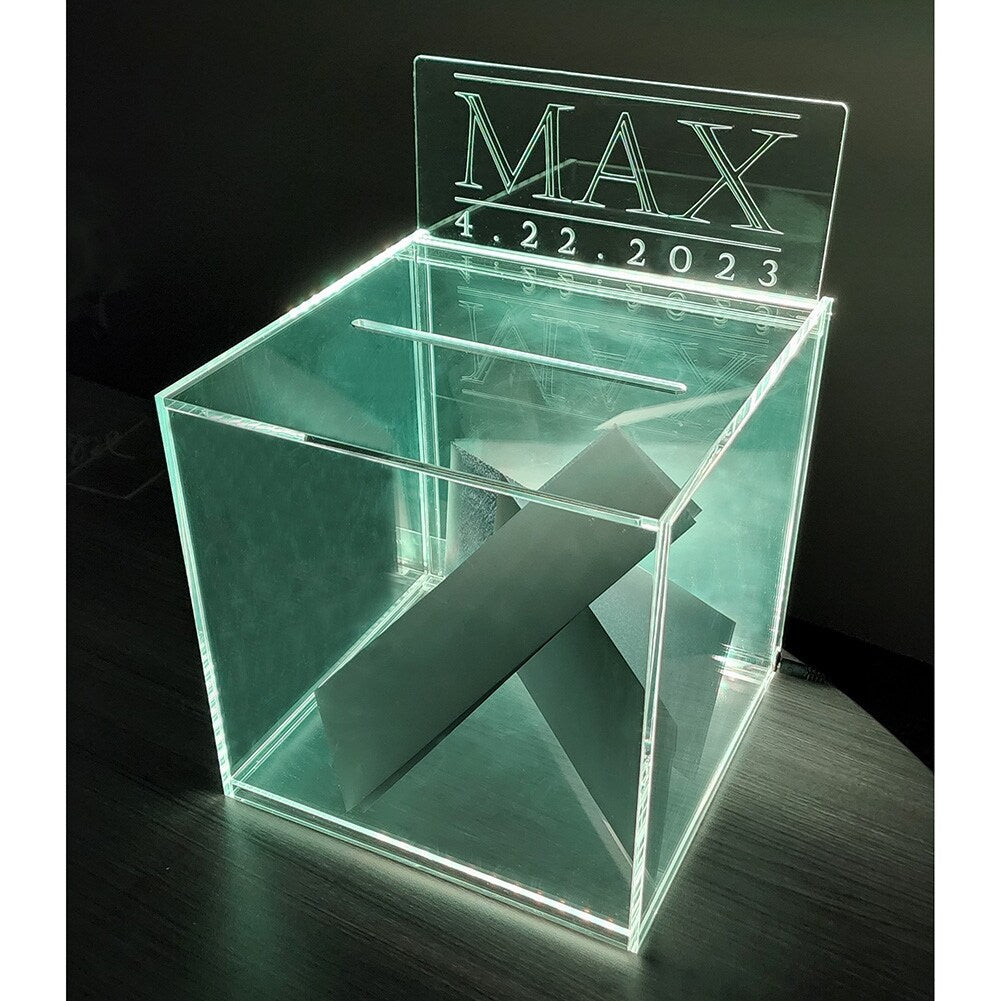 LED Light 10" Luxe Acrylic Clear Wedding Card Money Box w/Hinged Lid and Removable Sign - Birthday/Sweet 16/Anniversary