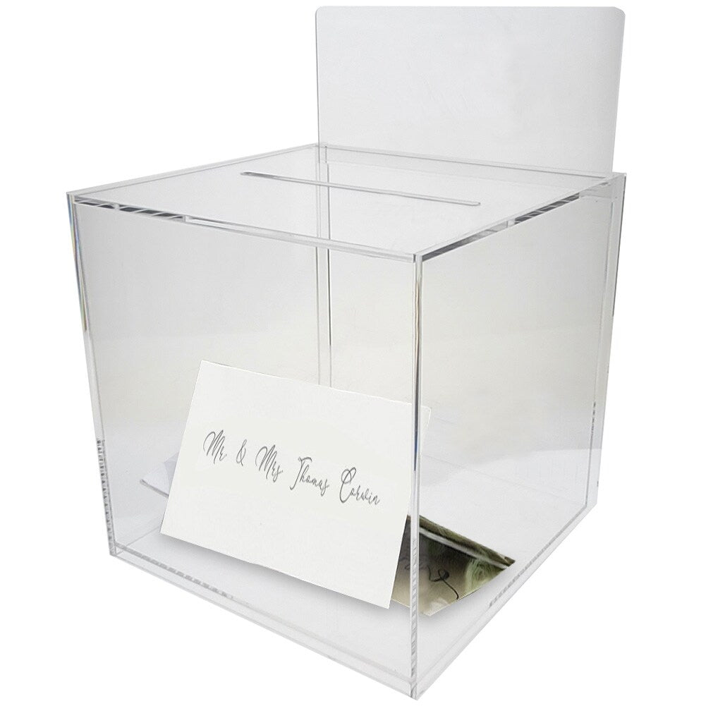 LED Light 10" Luxe Acrylic Clear Wedding Card Money Box w/Hinged Lid and Removable Sign - Birthday/Sweet 16/Anniversary