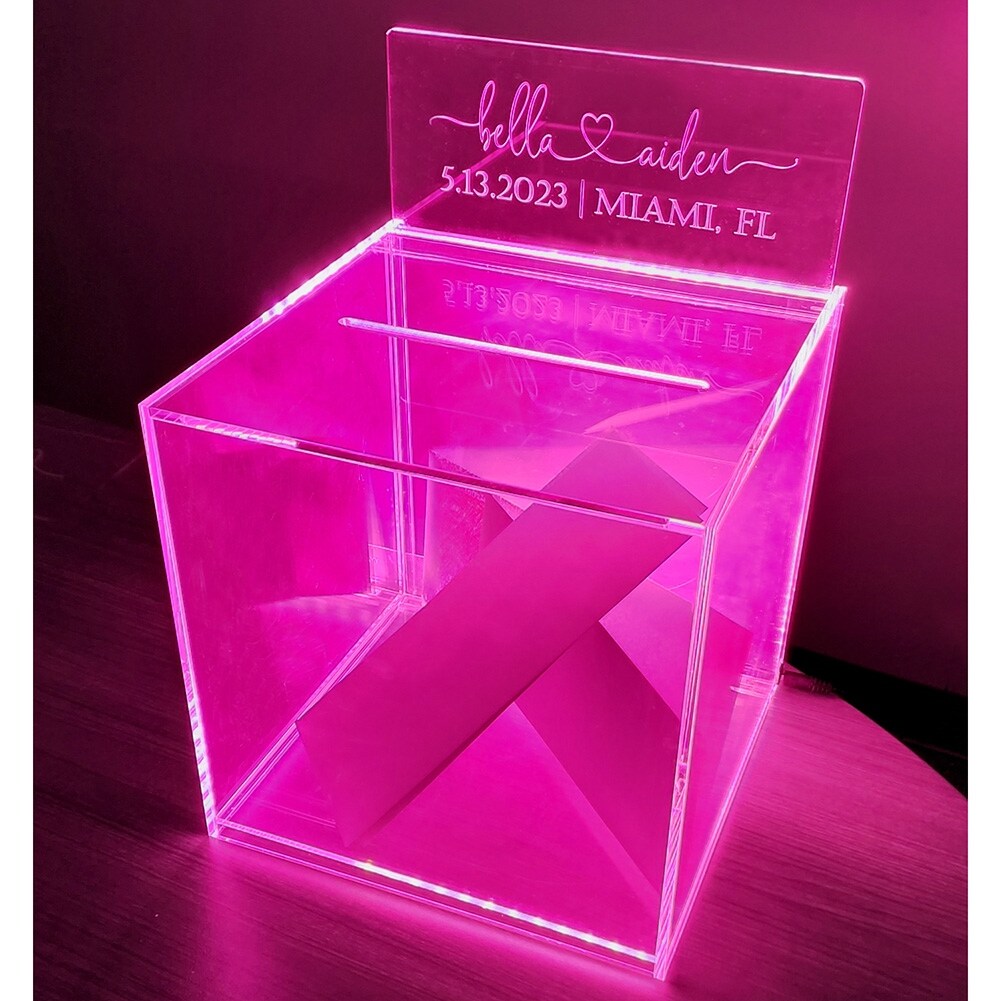LED Light 10" Luxe Acrylic Clear Wedding Card Money Box w/Hinged Lid and Removable Sign - Birthday/Sweet 16/Anniversary