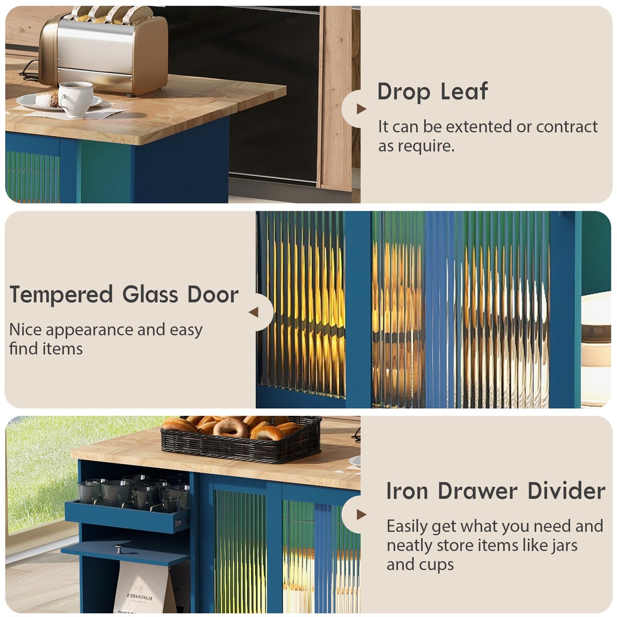 LED Light Kitchen Island Cart with Drop Leaf, Wheels,2 Fluted Glass Doors,1 Flip Cabinet Door, Adjustable Shelf and 2 Drawers