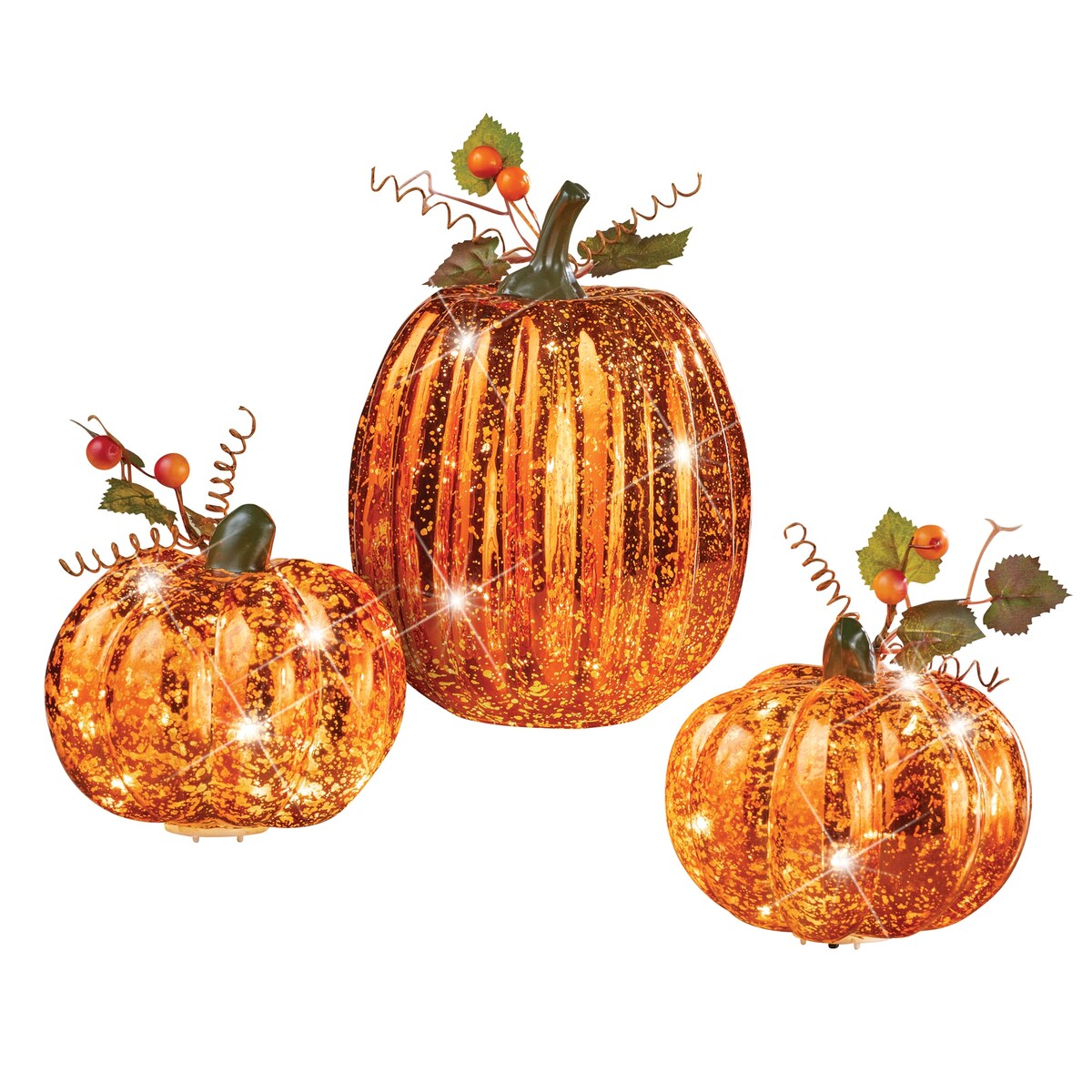 LED Lighted Sparkling Fake Mercury Glass Pumpkins - Set of 3 - 11.250 x 9.500 x 7.000