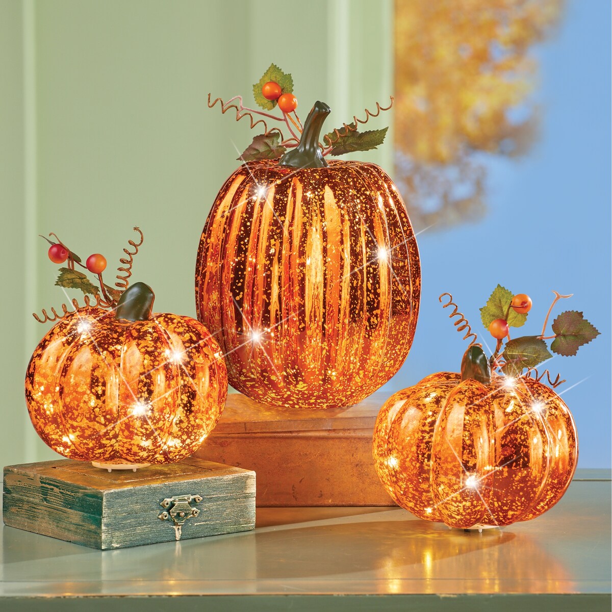 LED Lighted Sparkling Fake Mercury Glass Pumpkins - Set of 3 - 11.250 x 9.500 x 7.000