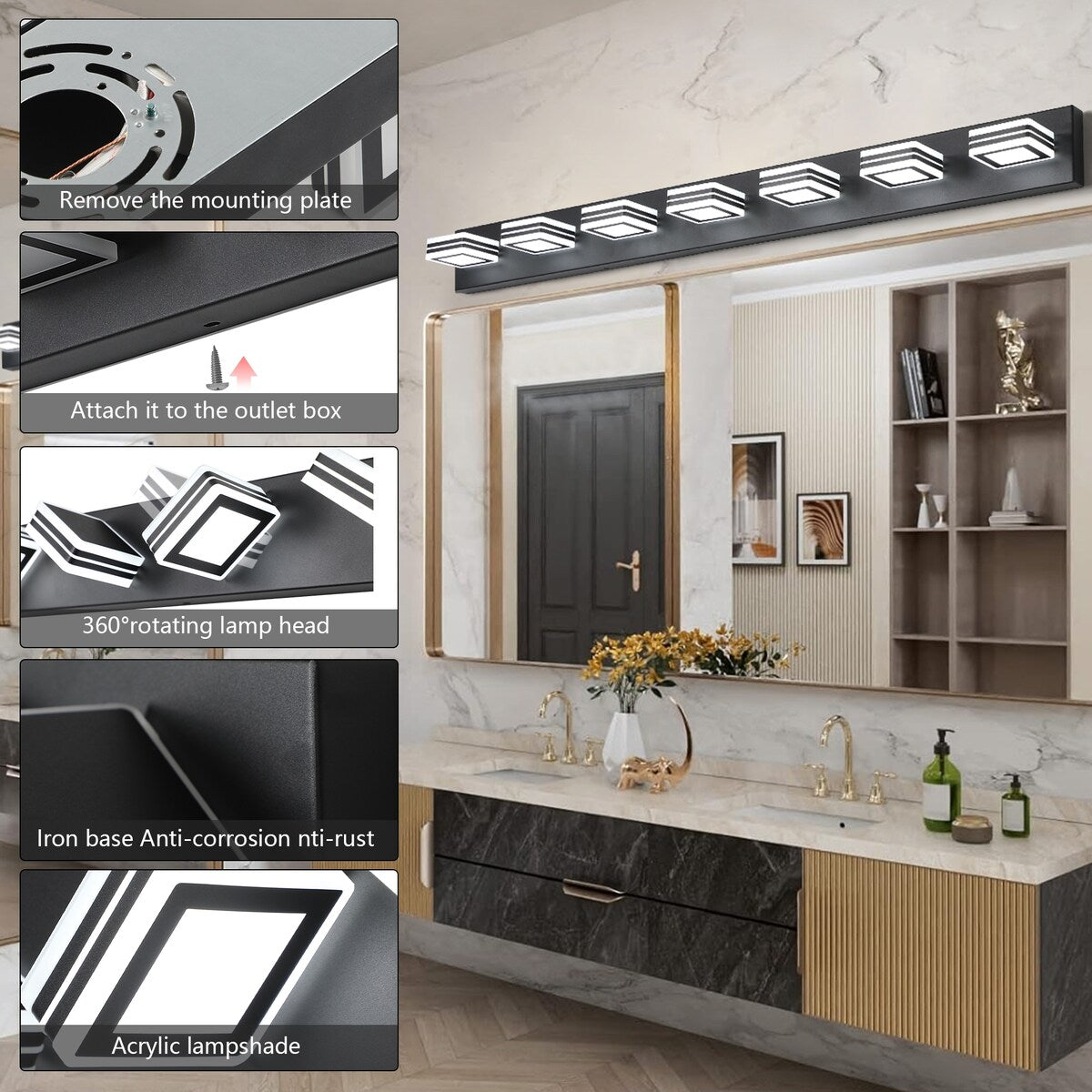LED Modern Black Vanity Lights, 6-Lights Acrylic Matte Black Bathroom Vanity Lights Over Mirror