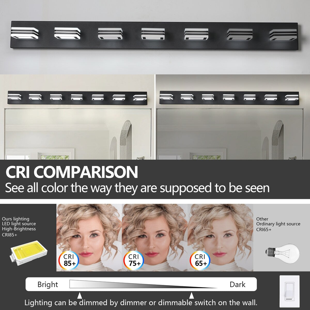 LED Modern Black Vanity Lights, 6-Lights Acrylic Matte Black Bathroom Vanity Lights Over Mirror