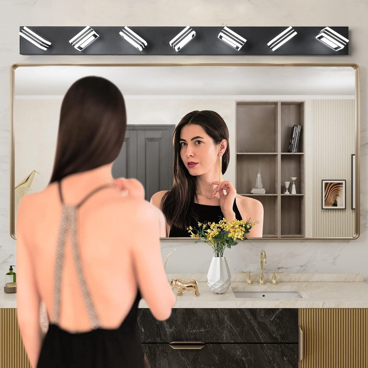 LED Modern Black Vanity Lights, 6-Lights Acrylic Matte Black Bathroom Vanity Lights Over Mirror