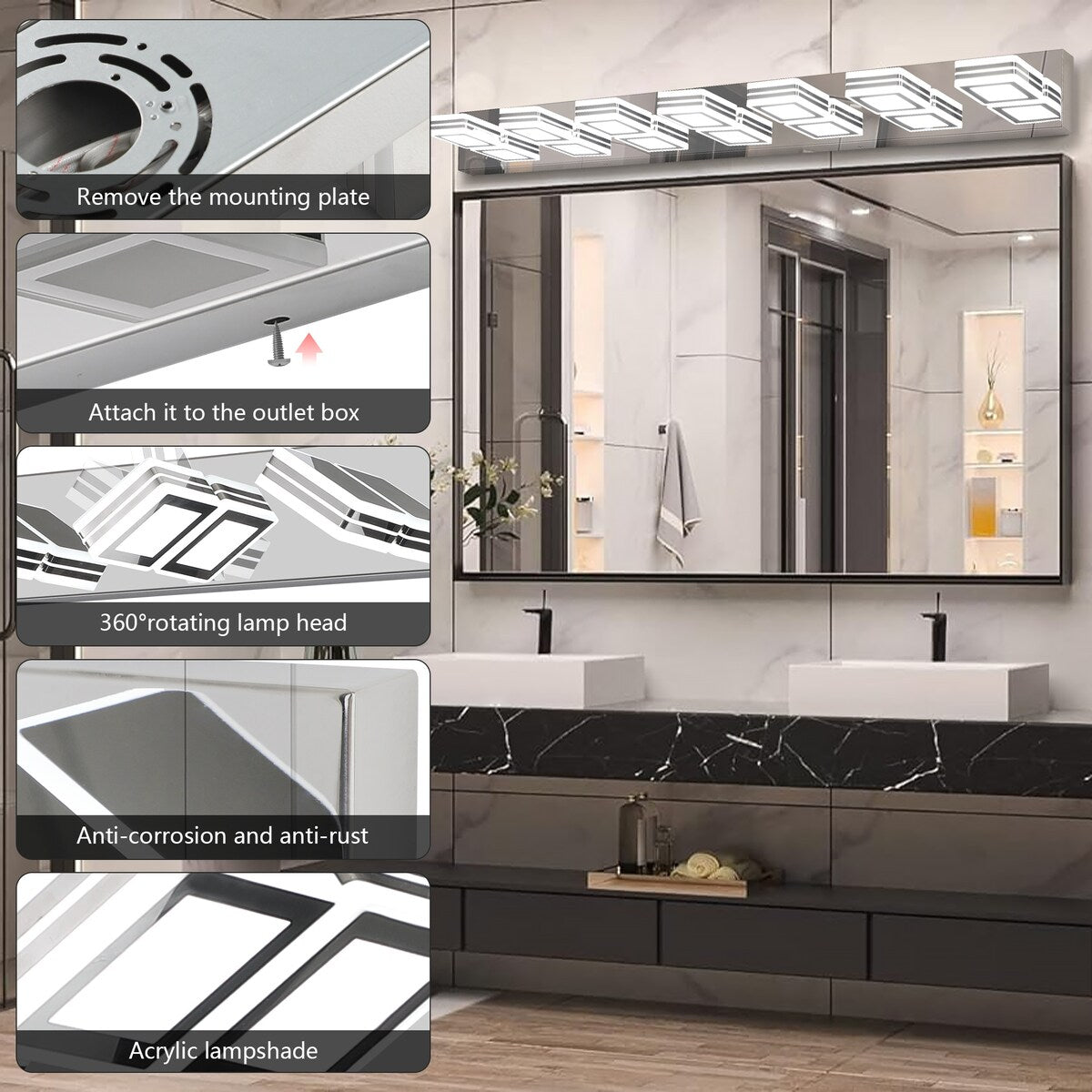 LED Modern Black Vanity Lights, 6-Lights Acrylic Matte Black Bathroom Vanity Lights Over Mirror